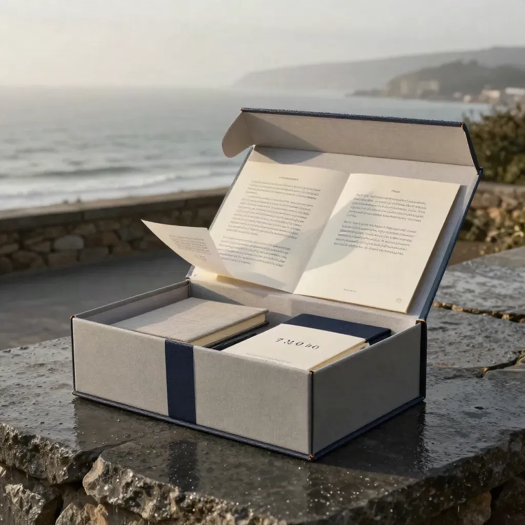 Oversized consultant starter box with booklet inserts and leaflet on wet stone at dawn.