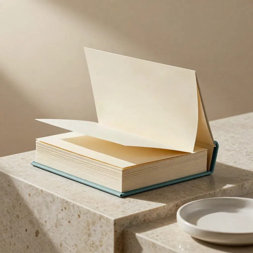 White presentation case with blank article sheets and muted teal tab on travertine, lit from upper left.
