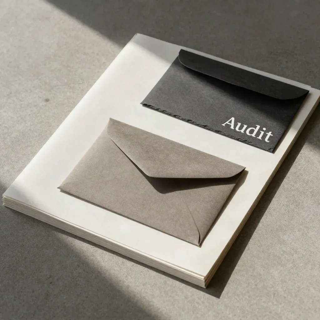 Overhead flatlay of audit papers, clipped stack and graphite envelope on concrete.
