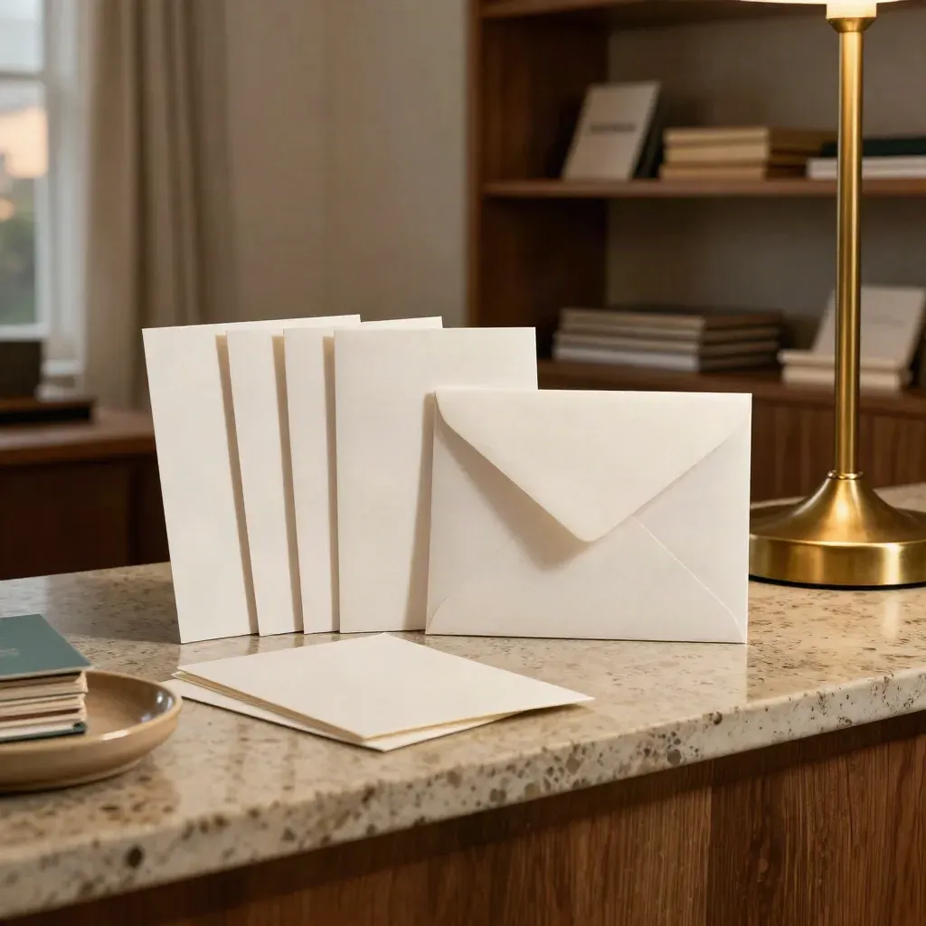 Email welcome series paper bundle beside a brass lamp in warm dusk light.