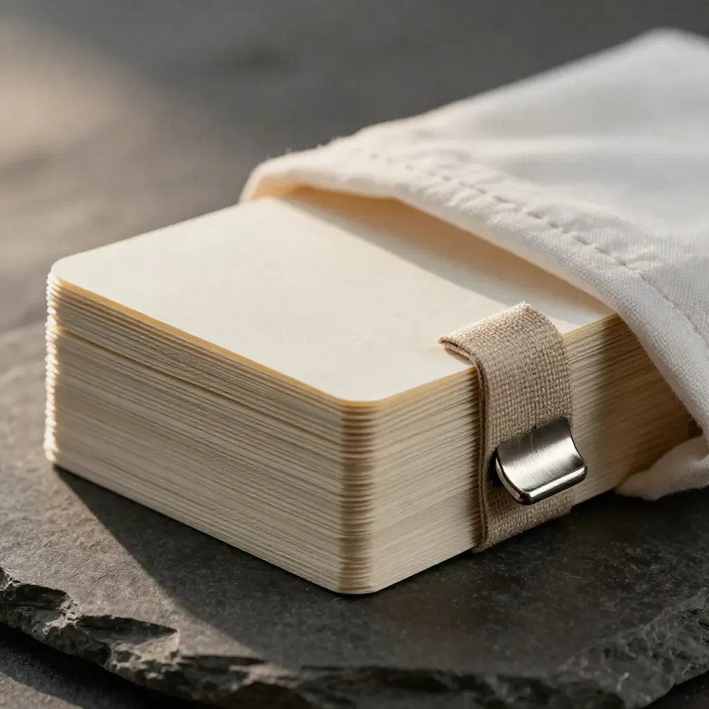 Macro of folded blank cards, linen strip, and metal clip peeking from under cloth.