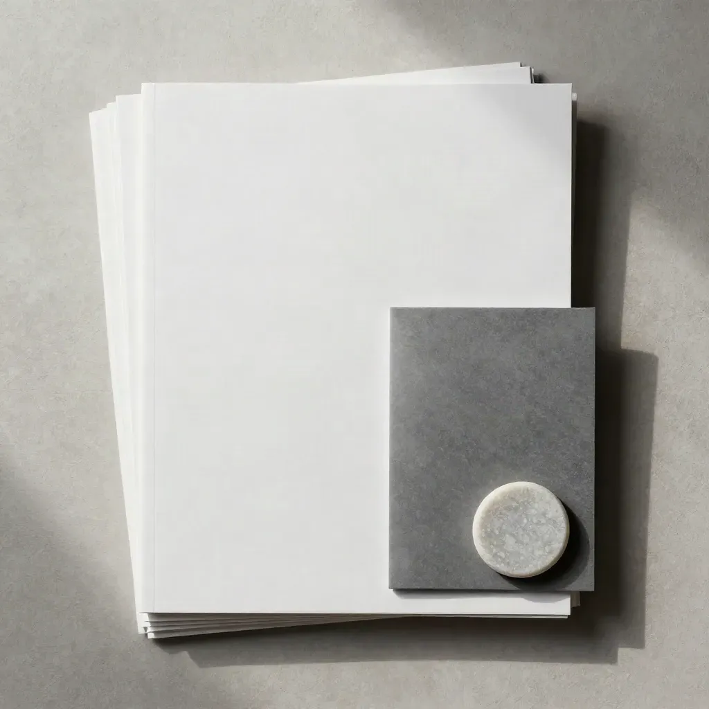 Overhead flatlay of a coach offer-page kit with layered sheets, spine card, and stone disc on pale plaster.